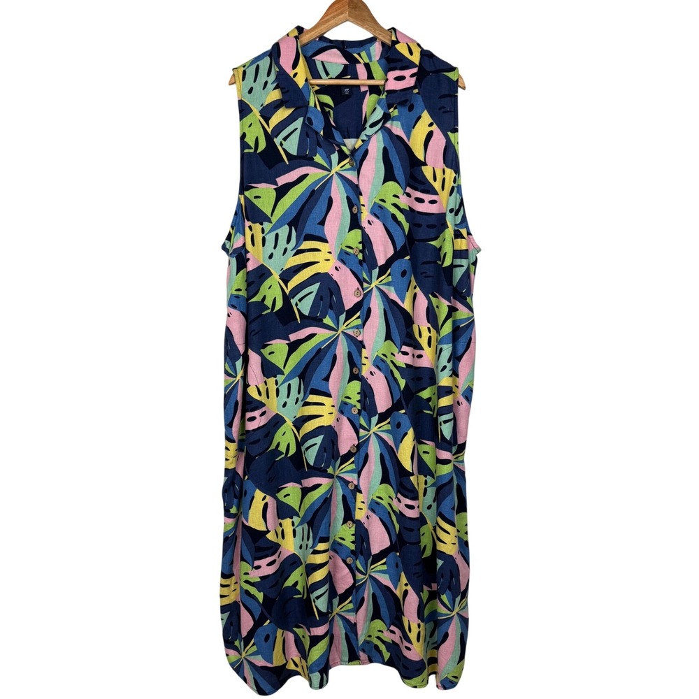 Tropical Hawaiian Linen Blend Button Front Maxi Shirt Dress Womens 3XP Artsy